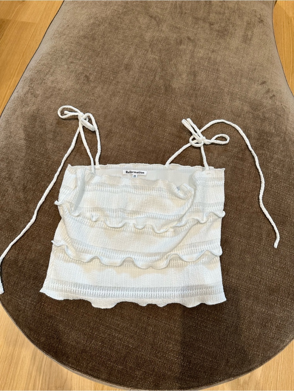 Reformation White Knit Ruffle Tie-Shoulder Crop Top xs